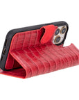 iPhone 15 Pro Max case in leather with RFID, red croc, foldable design