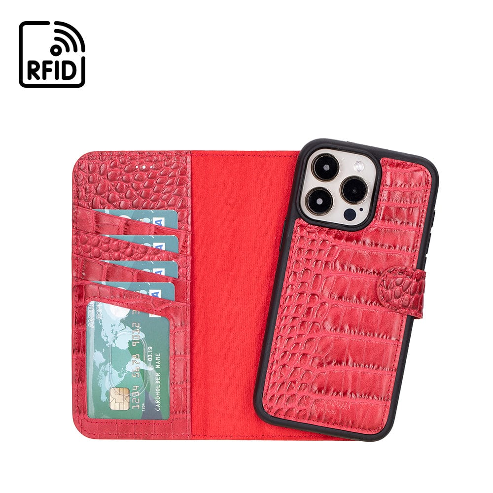 iPhone 15 Pro Max case in leather with RFID, red croc, inside