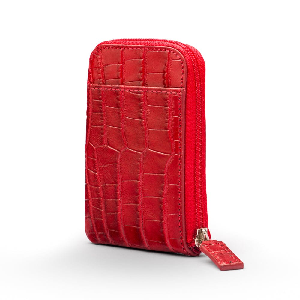 Leather card case with zip, red croc, front view