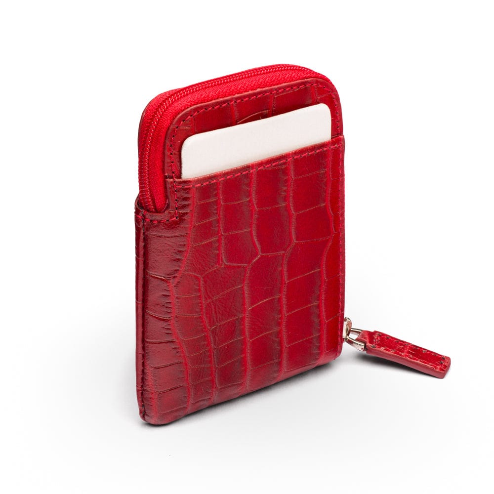 Leather card case with zip, red croc, back