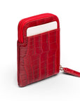 Leather card case with zip, red croc, back