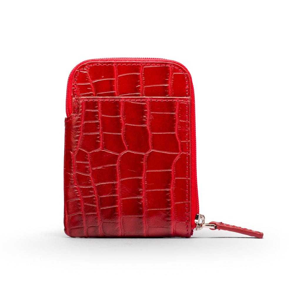 Leather card case with zip, red croc, front