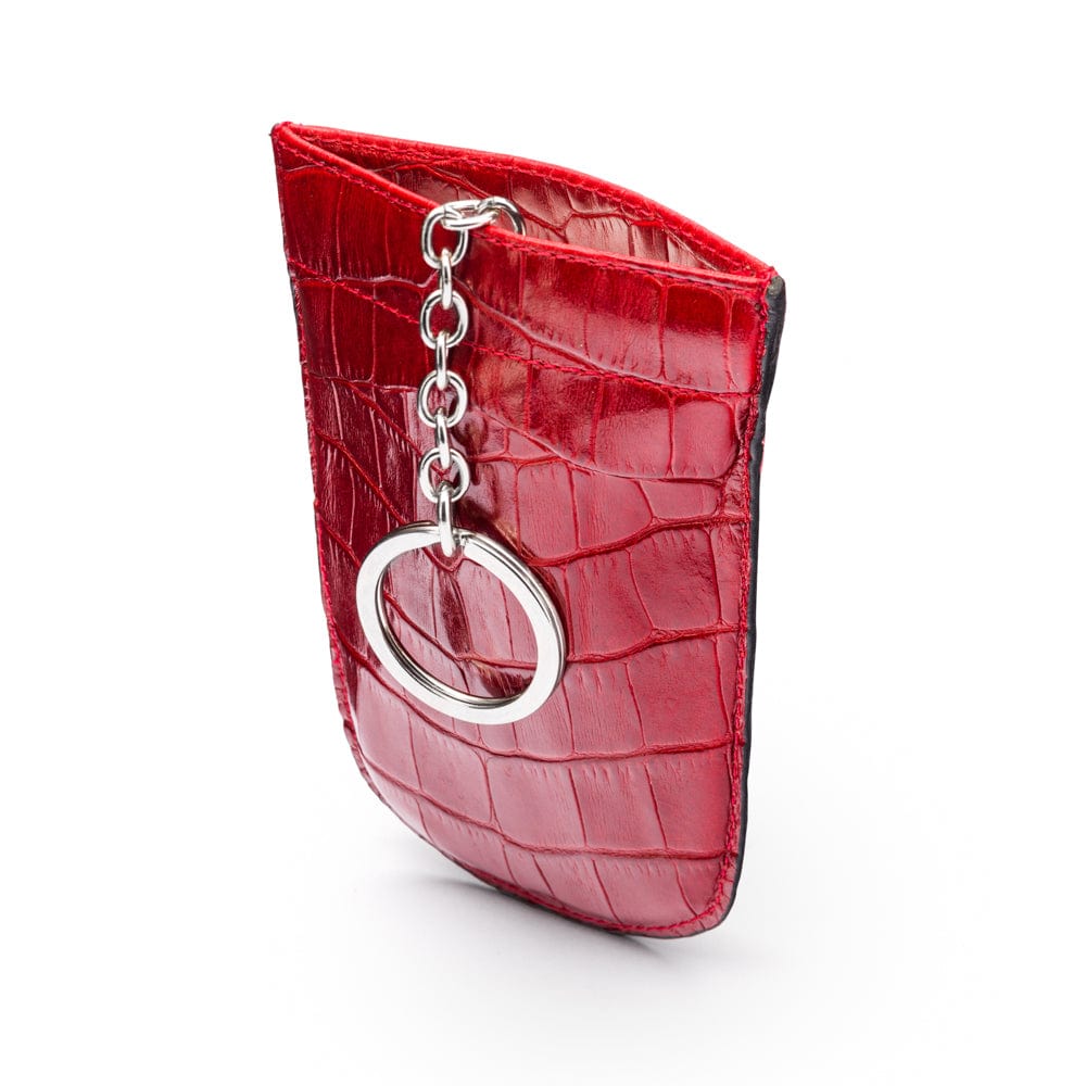 Leather key case with squeeze spring opening, red croc, front