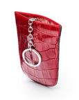 Leather key case with squeeze spring opening, red croc, front