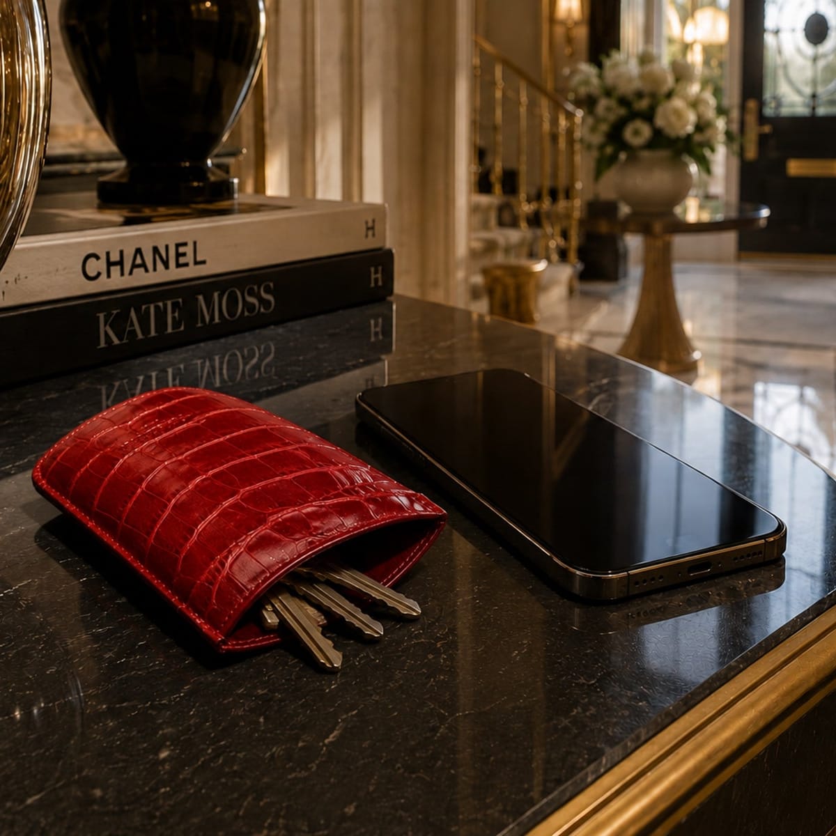 A red crocodile-embossed leather key pouch holding keys, placed on a polished black marble counter next to a black smartphone in a luxury interior setting.