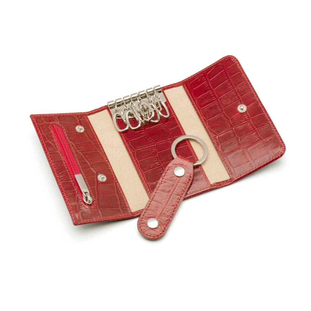 Leather key case, red croc, open