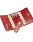 Leather key case, red croc, open