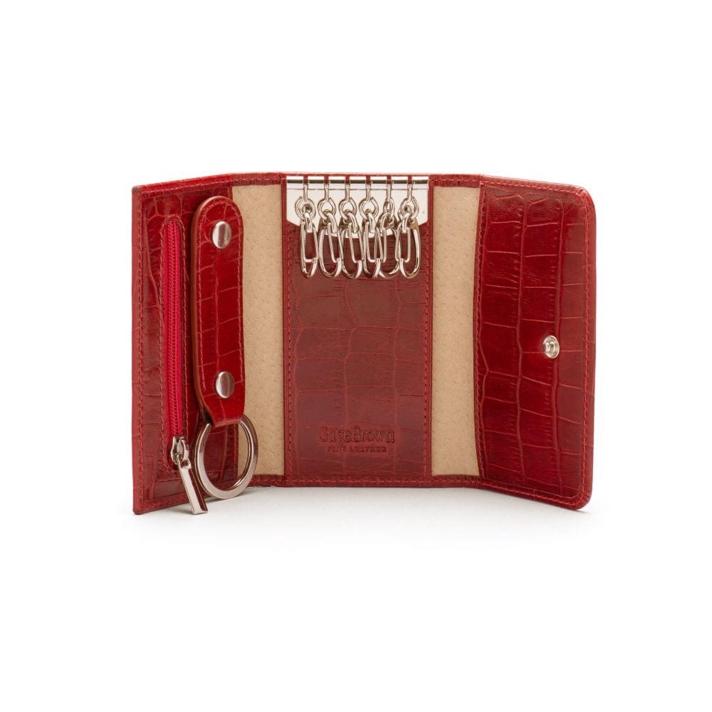 Key wallet with detachable key fob, red croc, inside