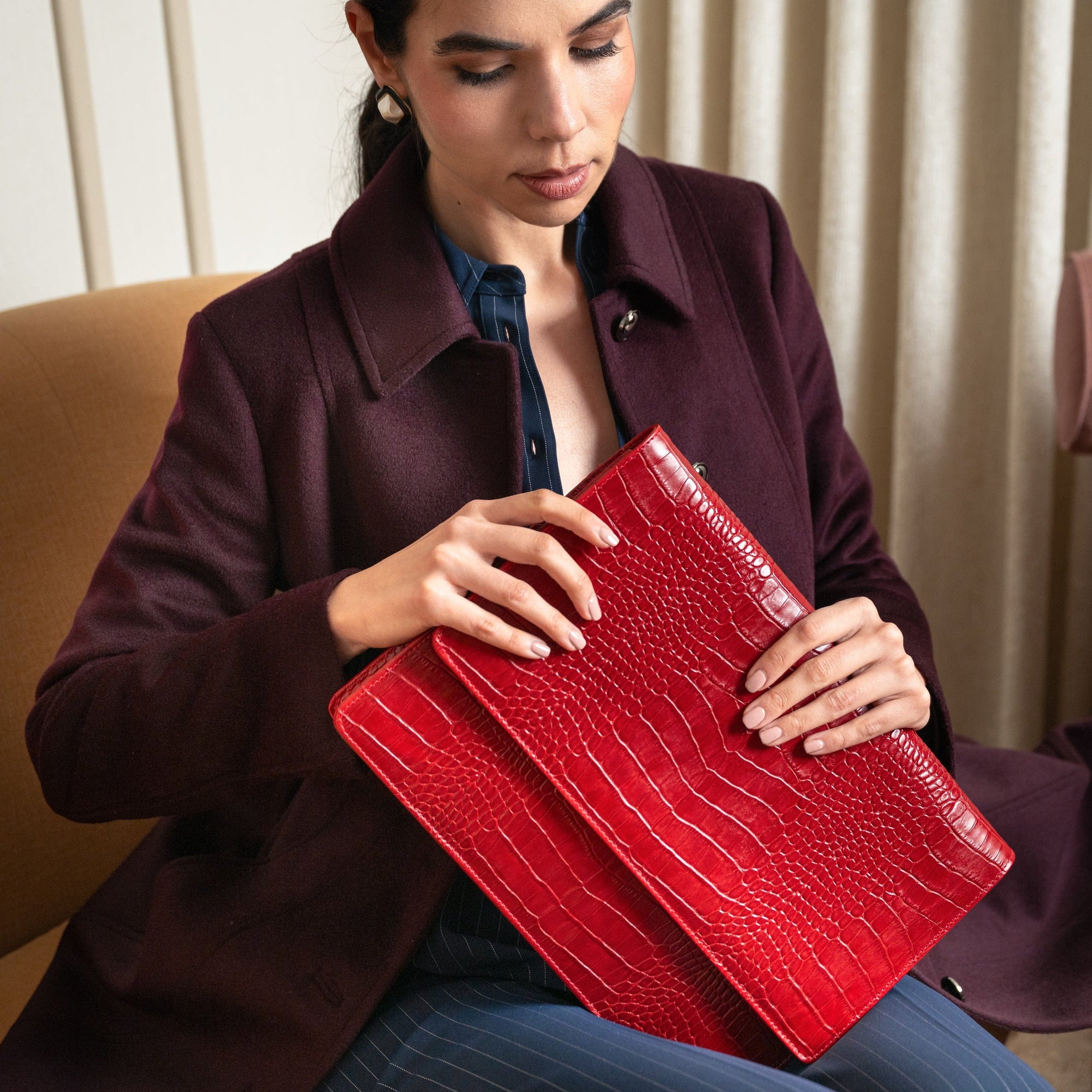 Small leather A4 portfolio case, red croc, lifestyle