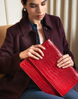 Small leather A4 portfolio case, red croc, lifestyle