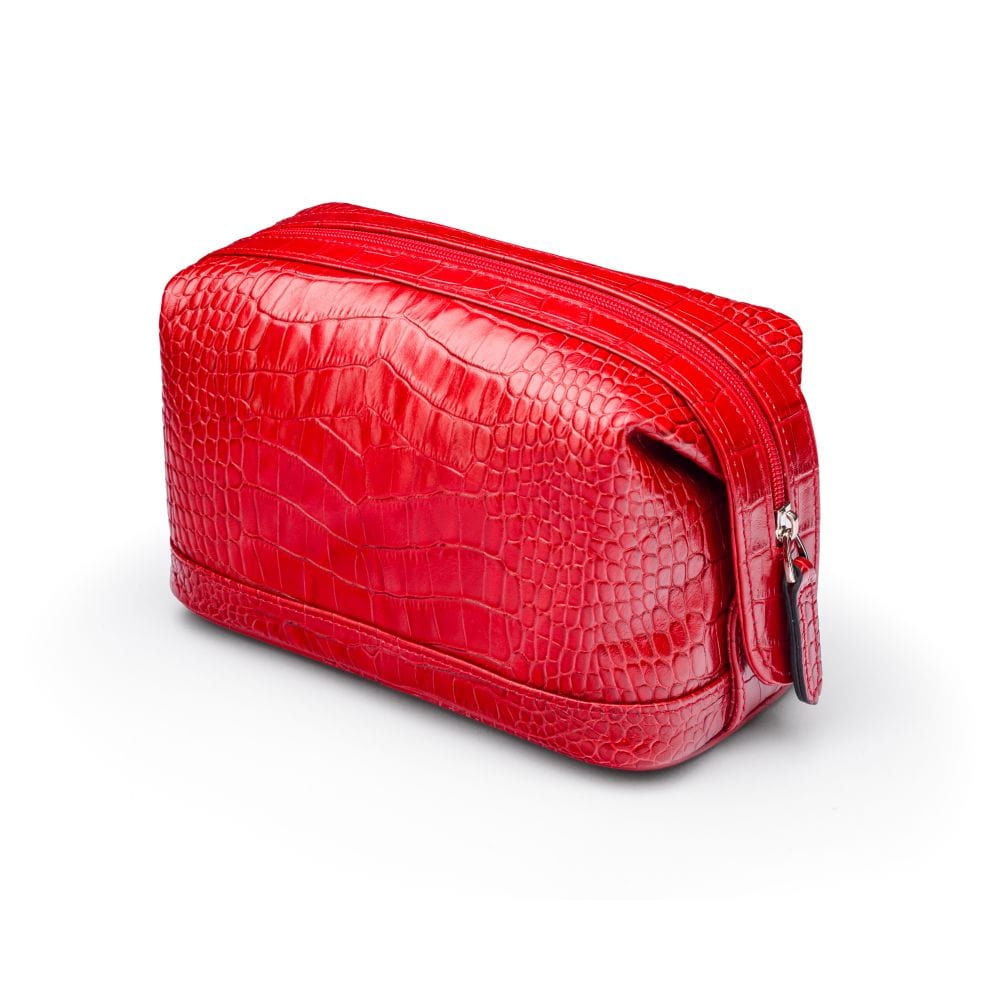 Leather wash bag, red croc, side view