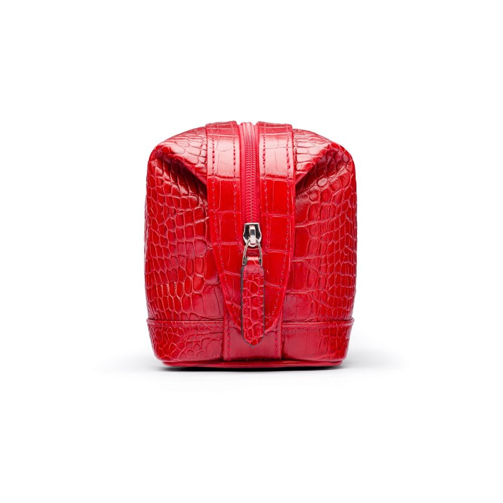 Leather wash bag, red croc, side
