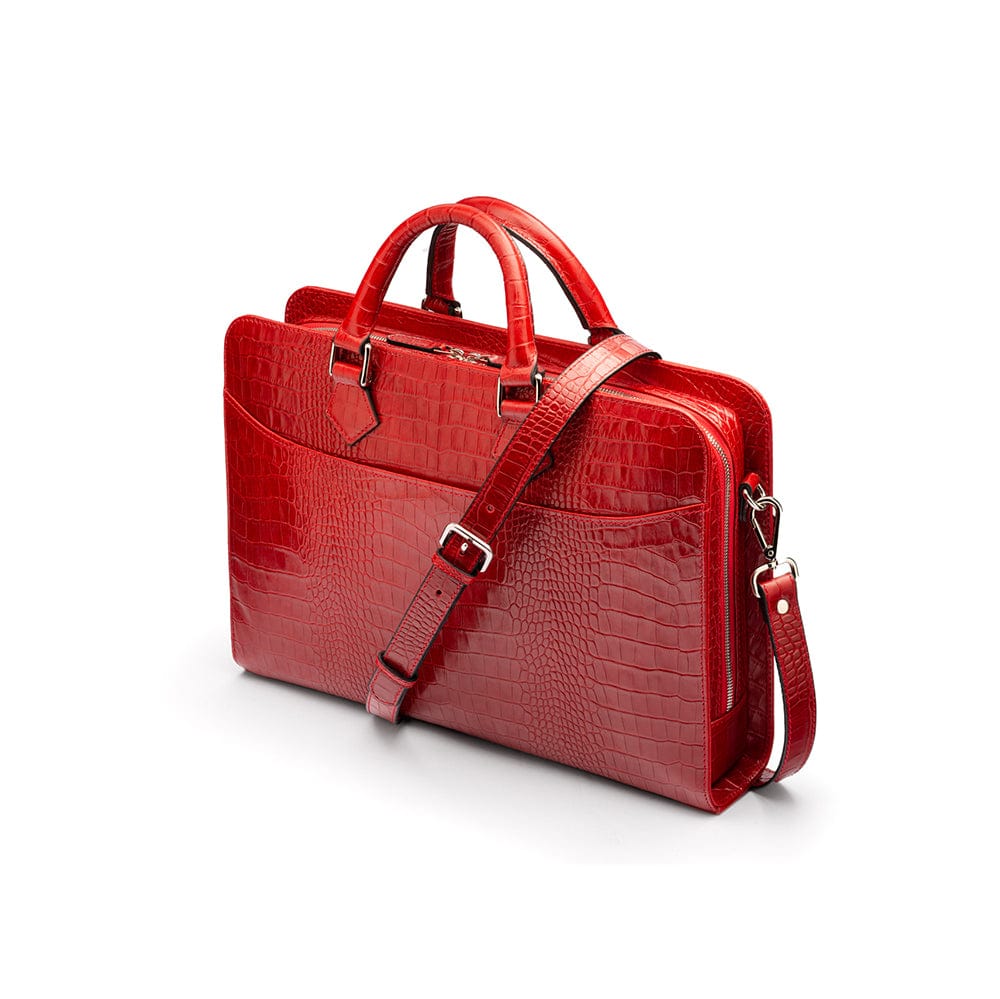 Leather Trinity 13" laptop briefcase, red croc, side
