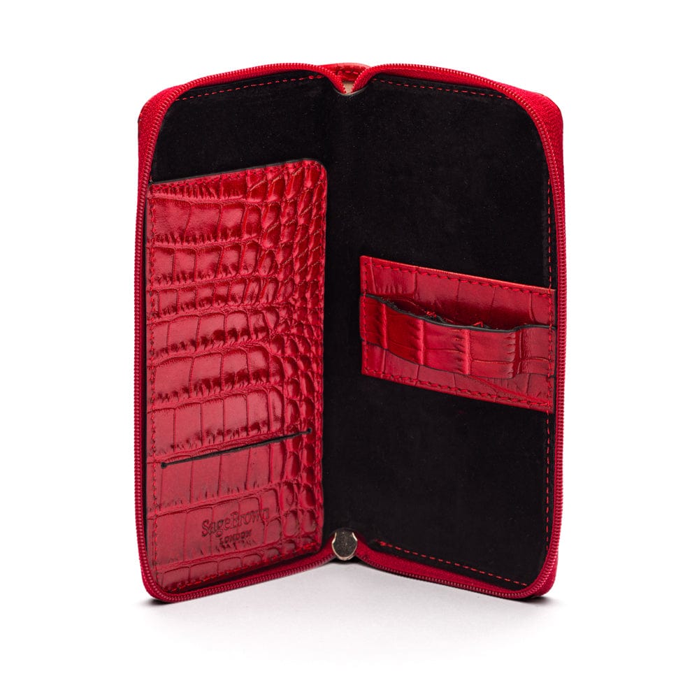 Leather zip around triple pen case, red croc, open