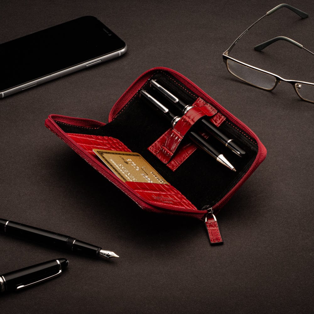 Leather zip around triple pen case, red croc, lifestyle