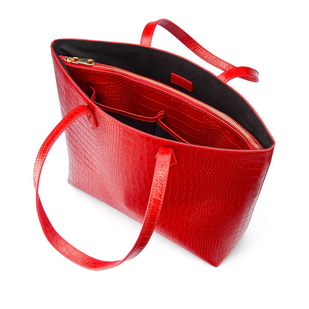 Luxury Leather Tote Bag and Shopper, Red Croc, inside