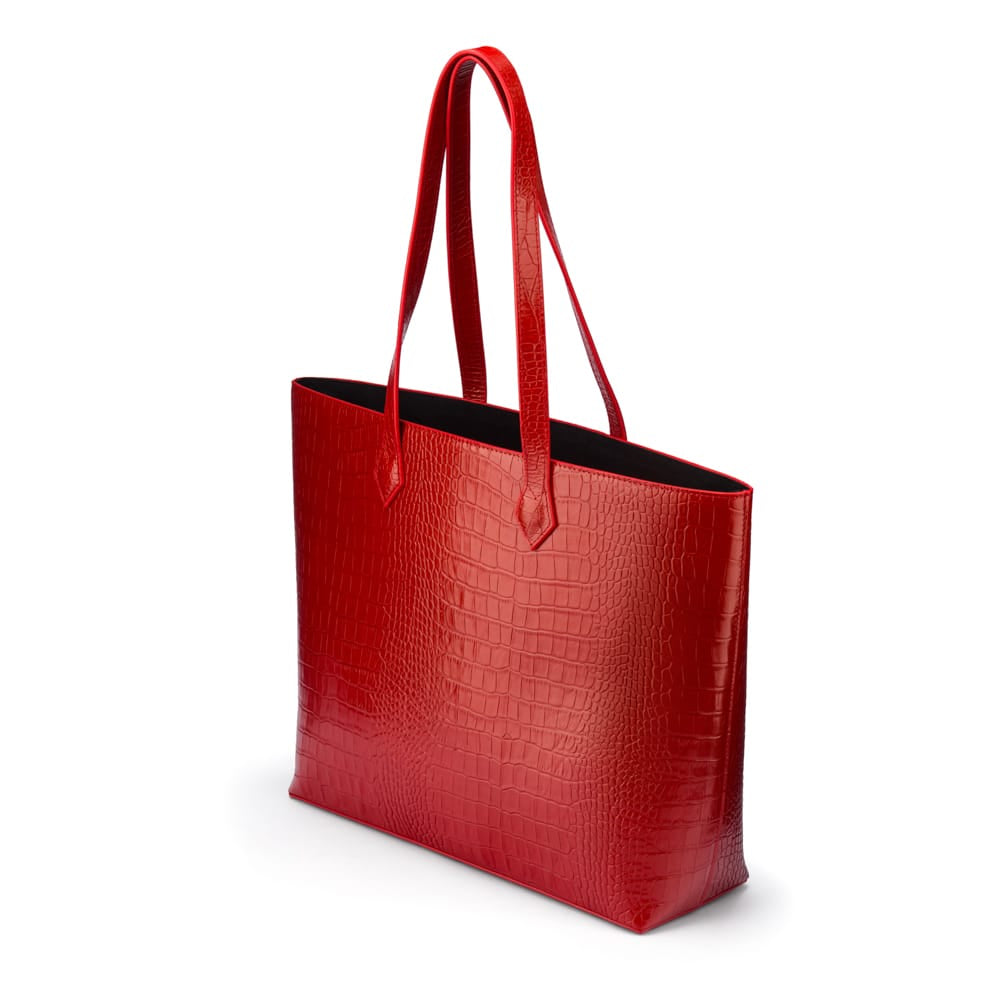 Luxury Leather Tote Bag and Shopper, Red Croc, side view