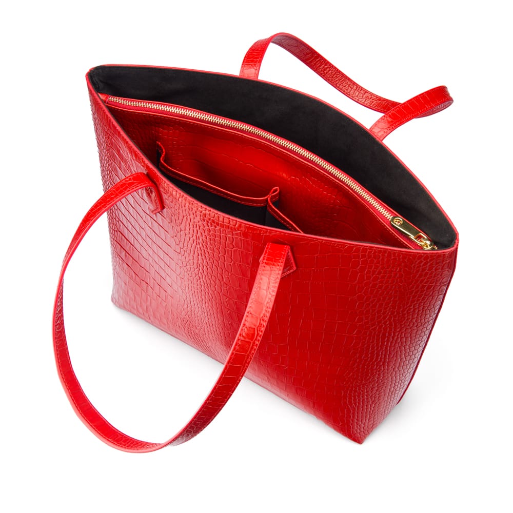 Luxury Leather Tote Bag and Shopper, Red Croc, open