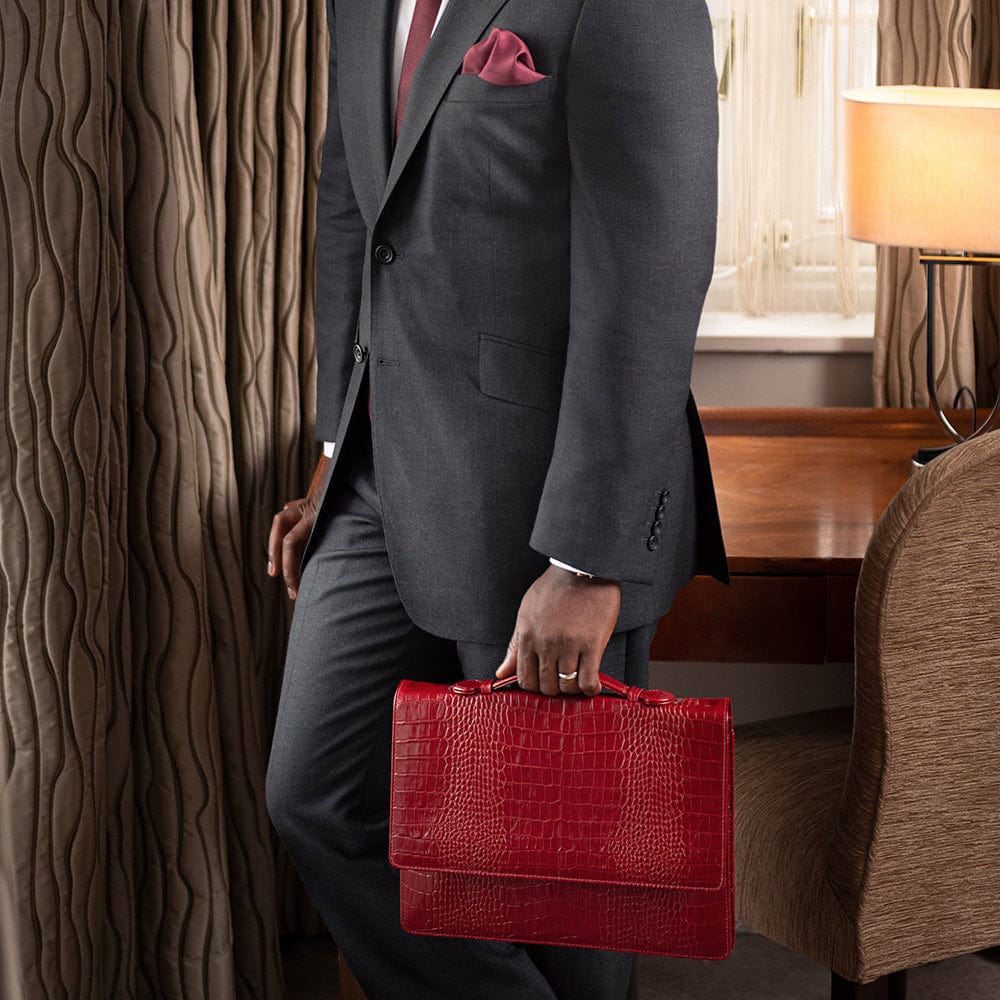 Small leather briefcase, red croc, lifestyle
