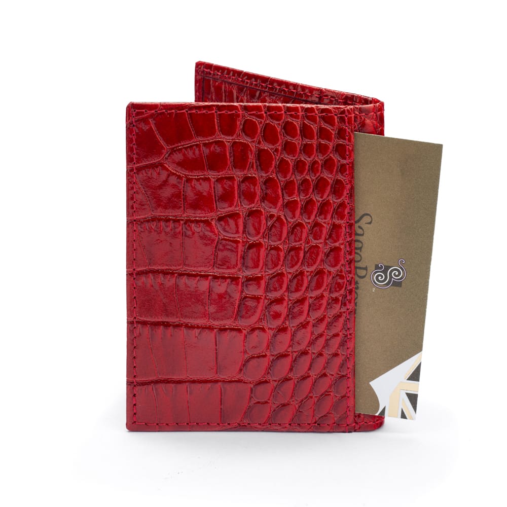 Premium Slim RFID Leather Credit Card Wallet, Red Croc Effect, back