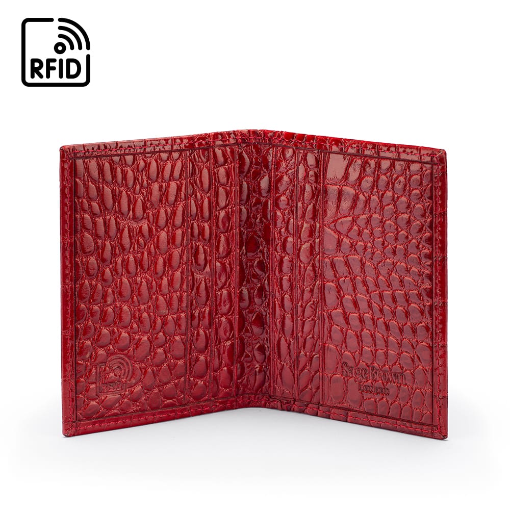 Premium Slim RFID Leather Credit Card Wallet, Red Croc Effect, inside