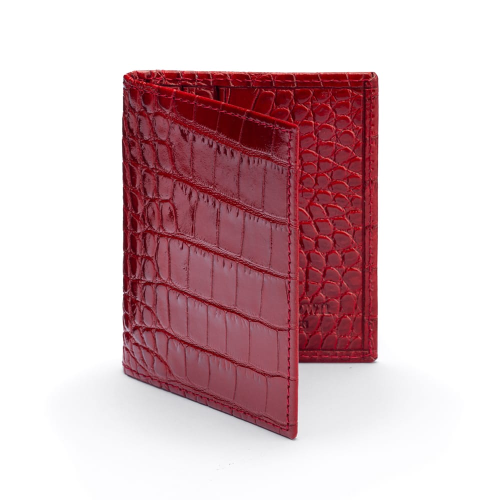 Premium Slim RFID Leather Credit Card Wallet, Red Croc Effect, front