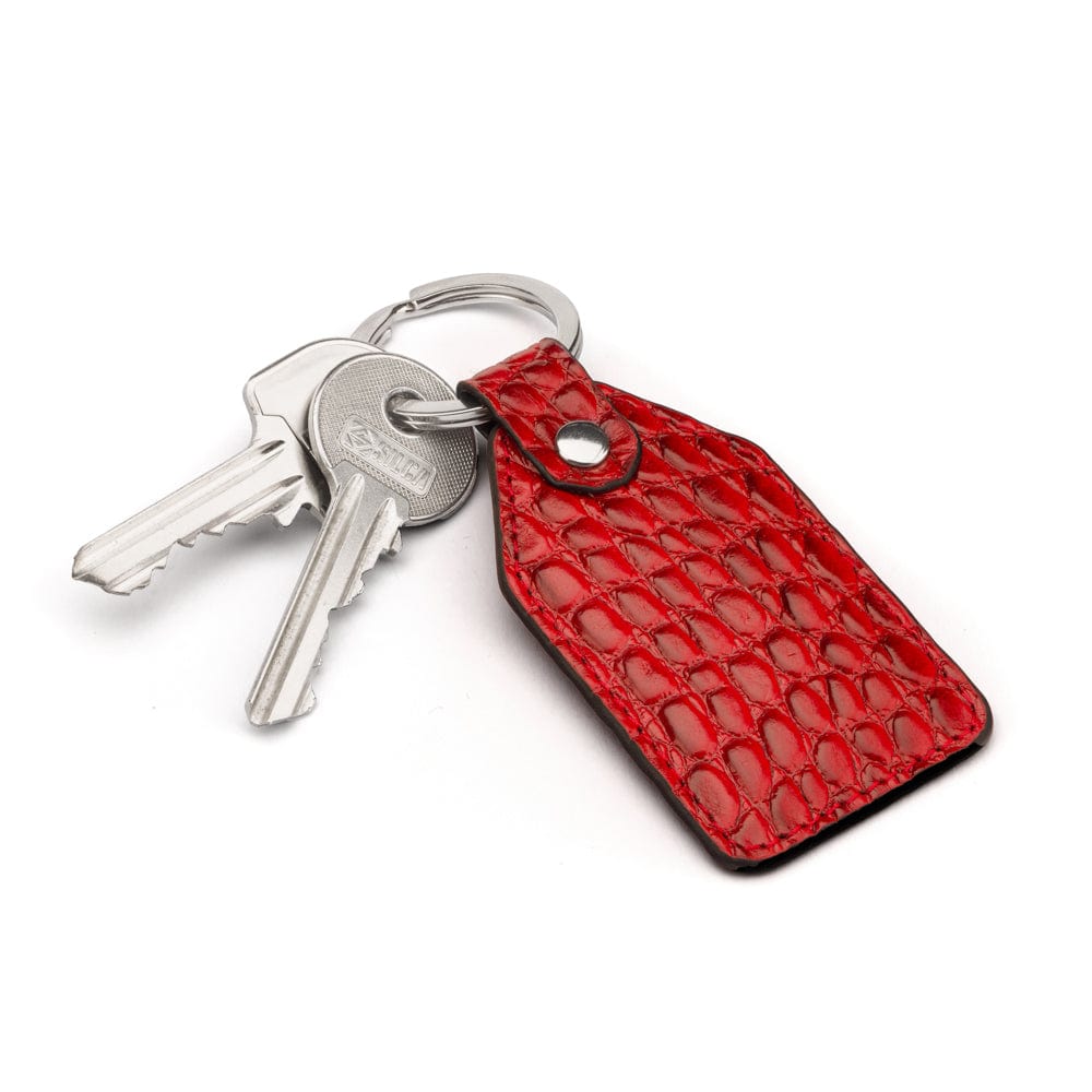 Rectangular leather key fob, red croc, front view