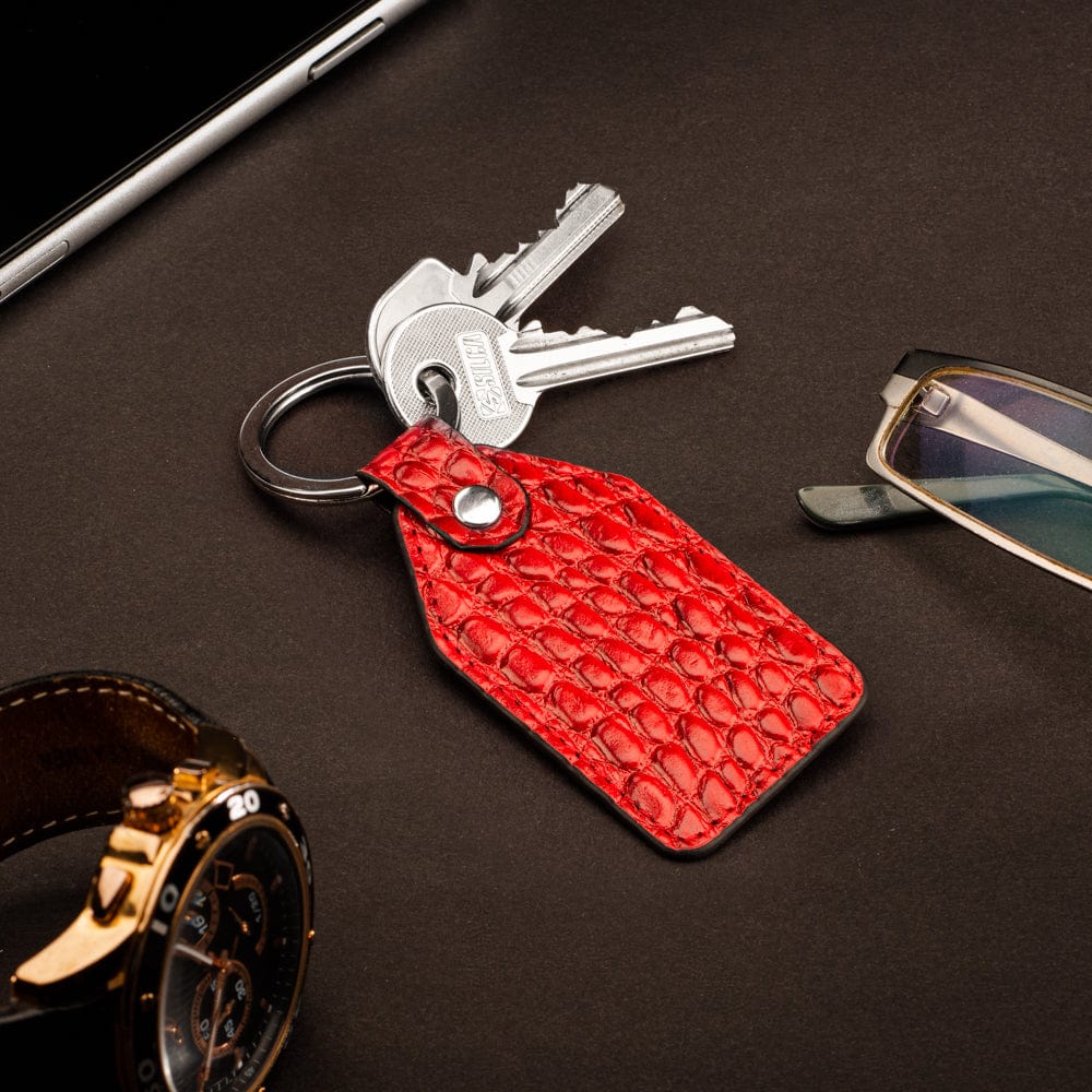 Rectangular leather key fob, red croc, lifestyle