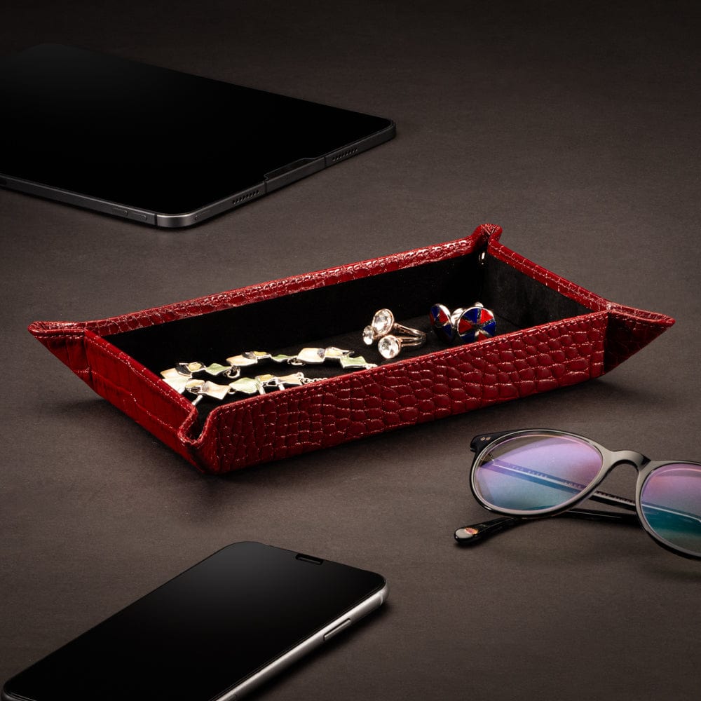 Rectangular leather valet tray, red croc with black, lifestyle