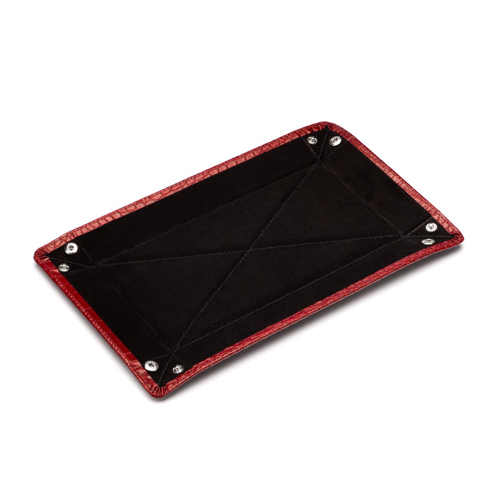 Rectangular leather valet tray, red croc with black, flat