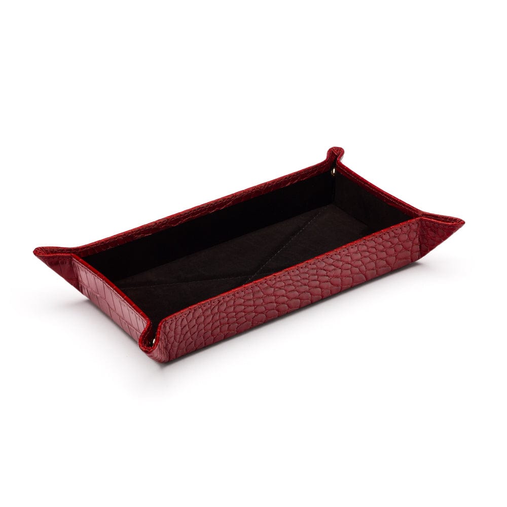 Rectangular leather valet tray, red croc with black