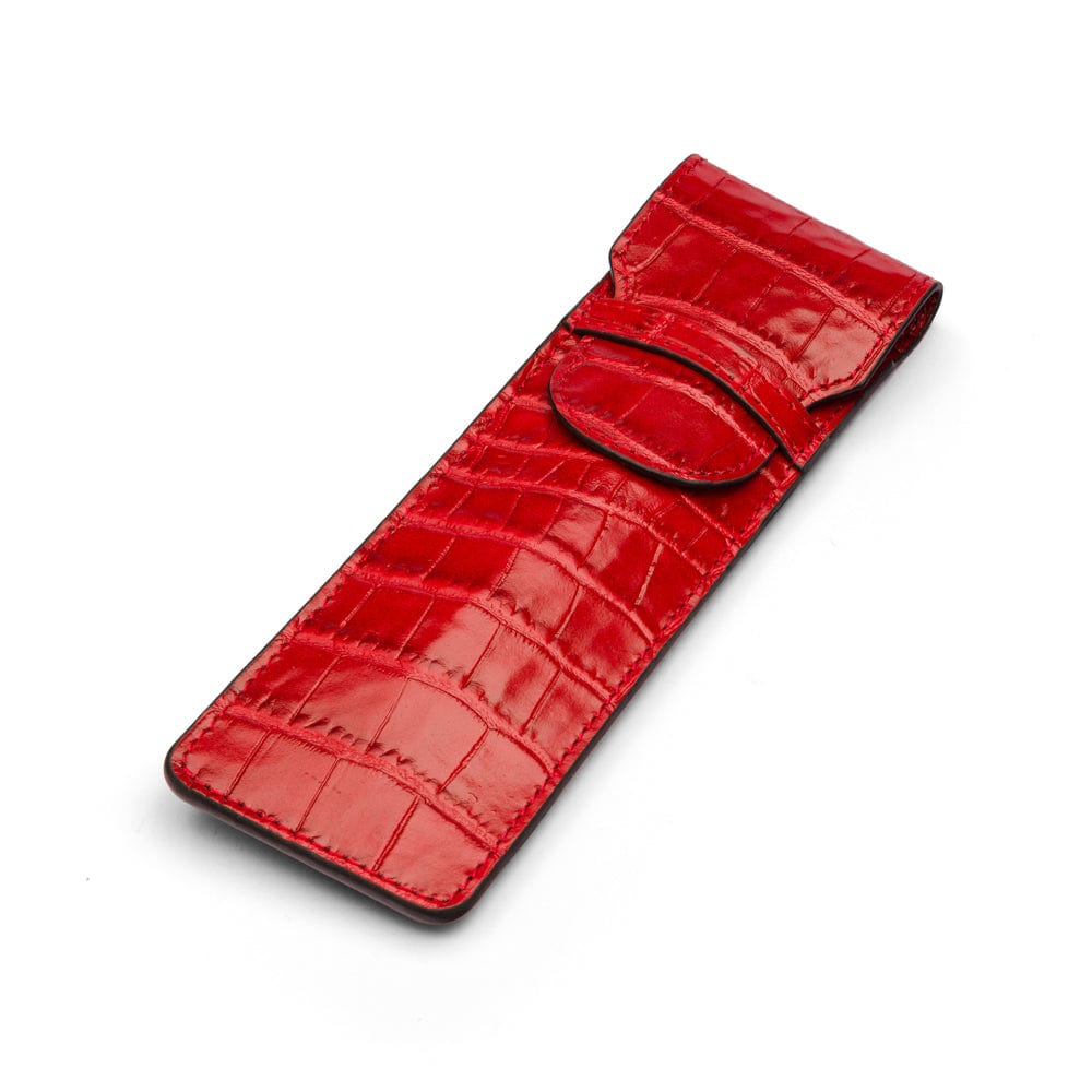 Single leather pen case, red croc, front