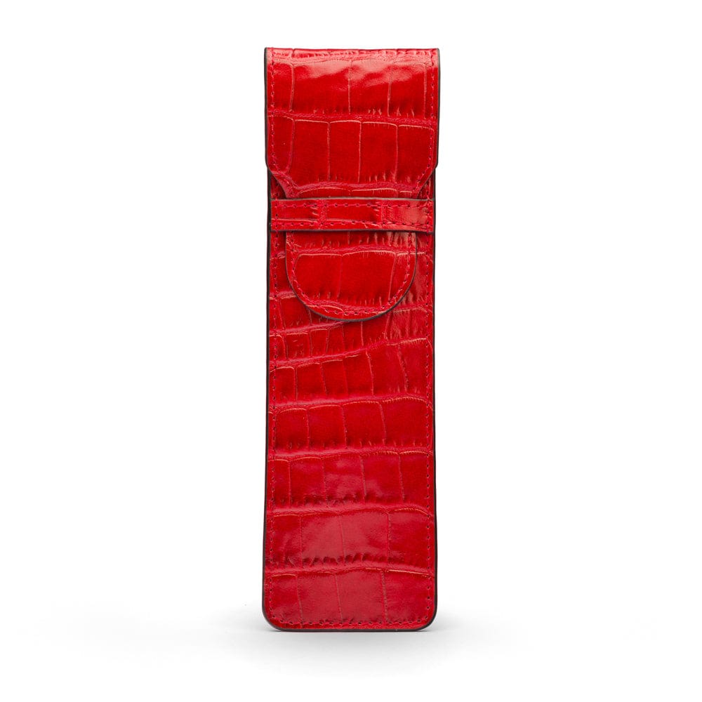 Single leather pen case, red croc, front