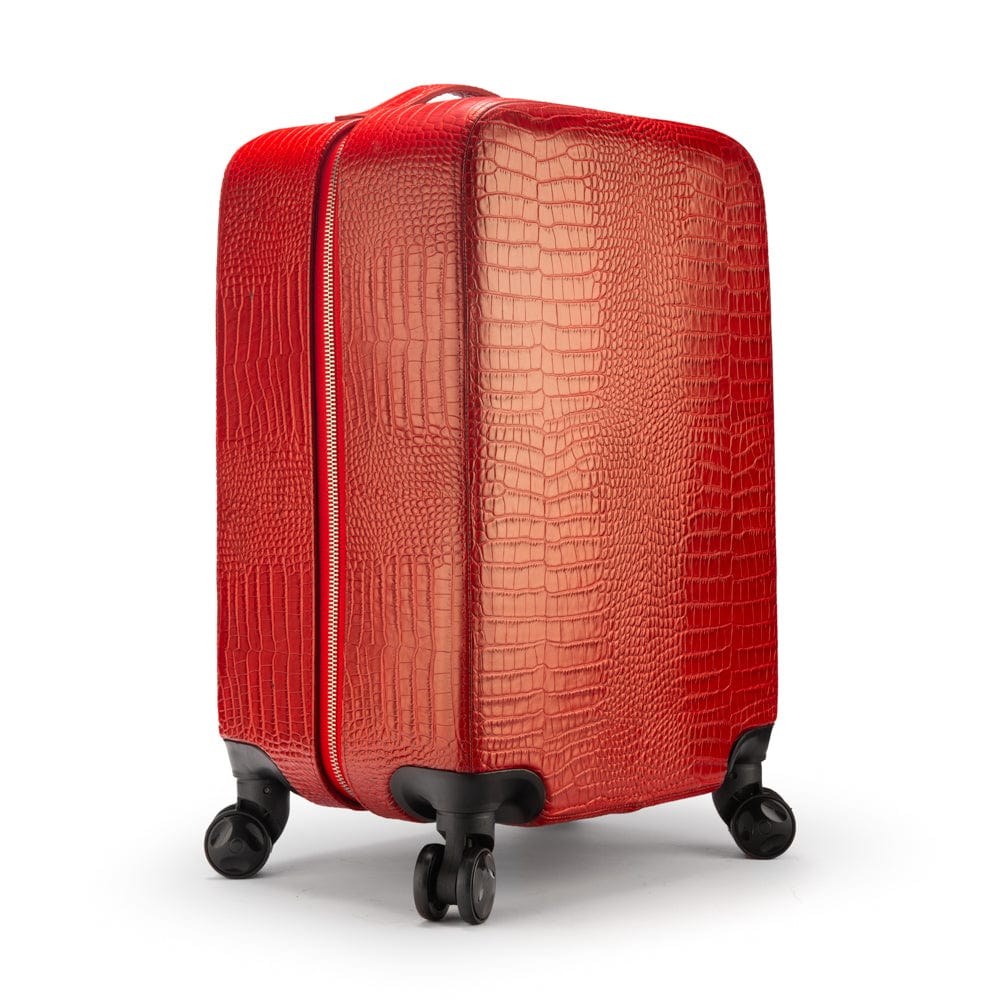 Small 4 Wheel Leather Suitcase - Red Croc