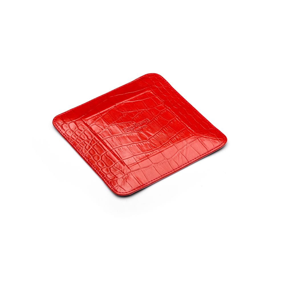 Small leather valet tray, red croc, flat base