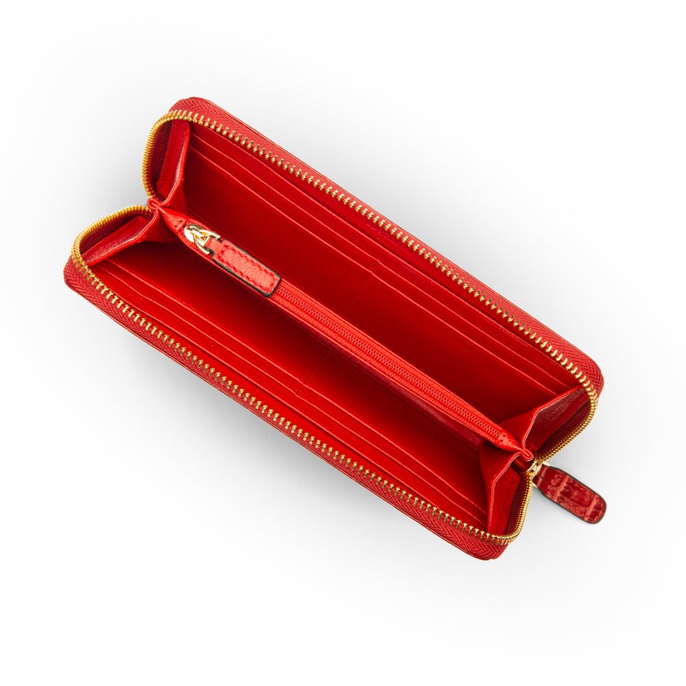 Tall leather zip around accordion purse, red croc, inside