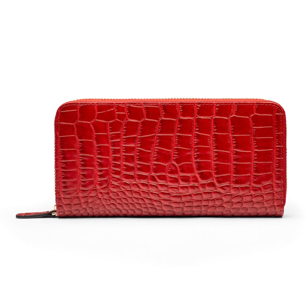 Tall leather zip around accordion purse, red croc, back