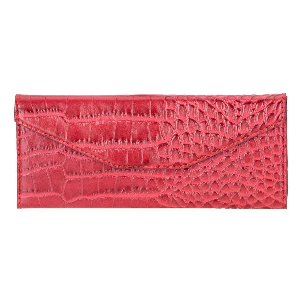 Triangular leather glasses case, red croc, front