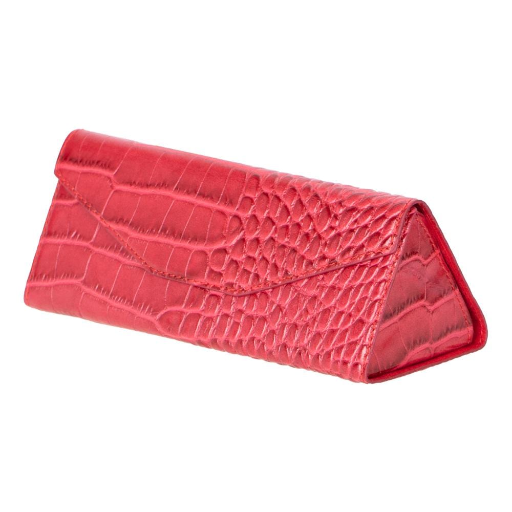 Triangular leather glasses case, red croc, front side