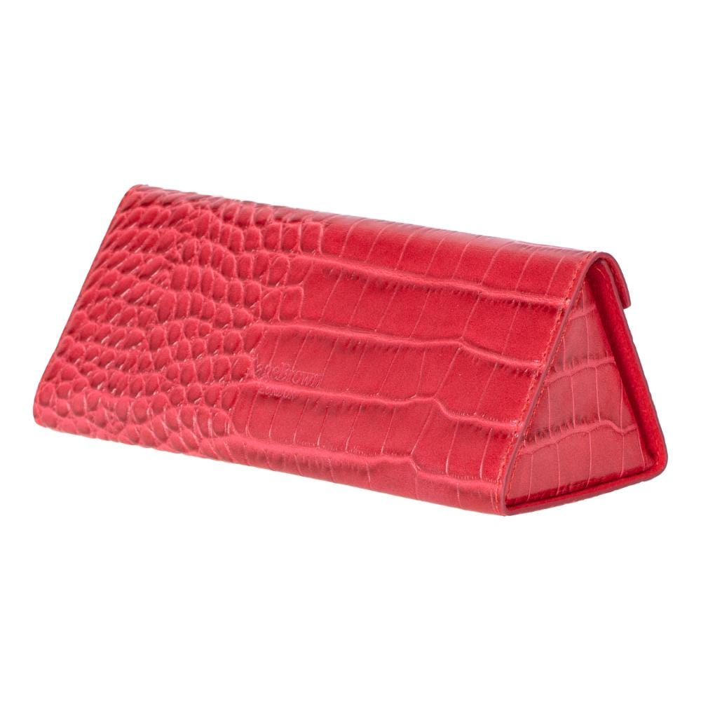 Triangular leather glasses case, red croc, back side