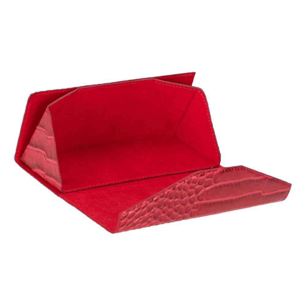 Triangular leather glasses case, red croc, open