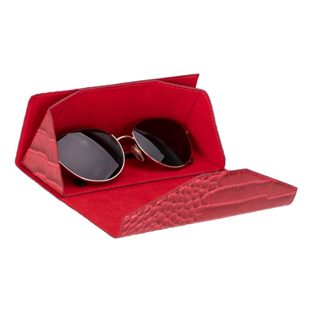 Triangular leather glasses case, red croc, inside