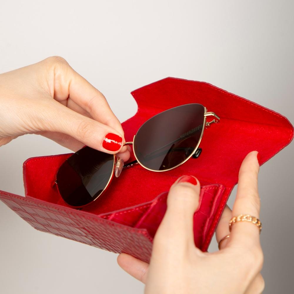 Triangular leather glasses case, red croc, lifestyle