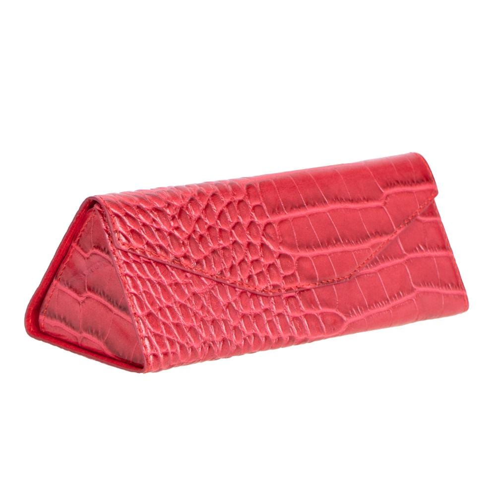 Triangular leather glasses case, red croc, side view