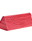 Triangular leather glasses case, red croc, side view