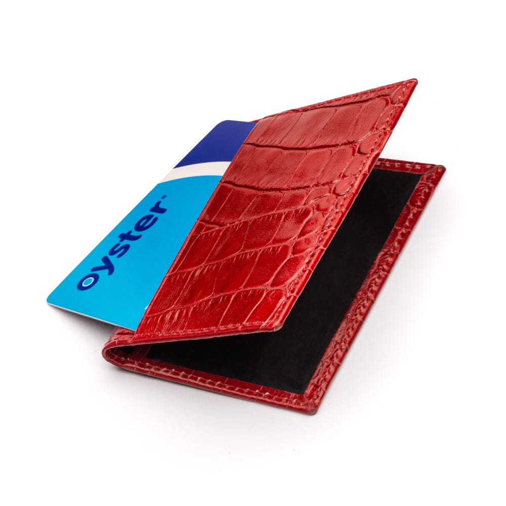 Leather travel card wallet, red croc with black, front