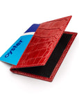 Leather travel card wallet, red croc with black, front