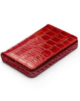 Leather business card holder with magnetic closure, red croc, front