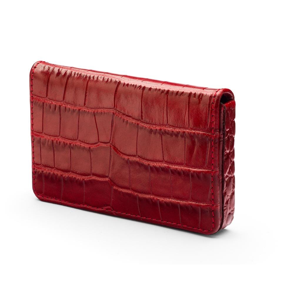 Leather business card holder with magnetic closure, red croc, side