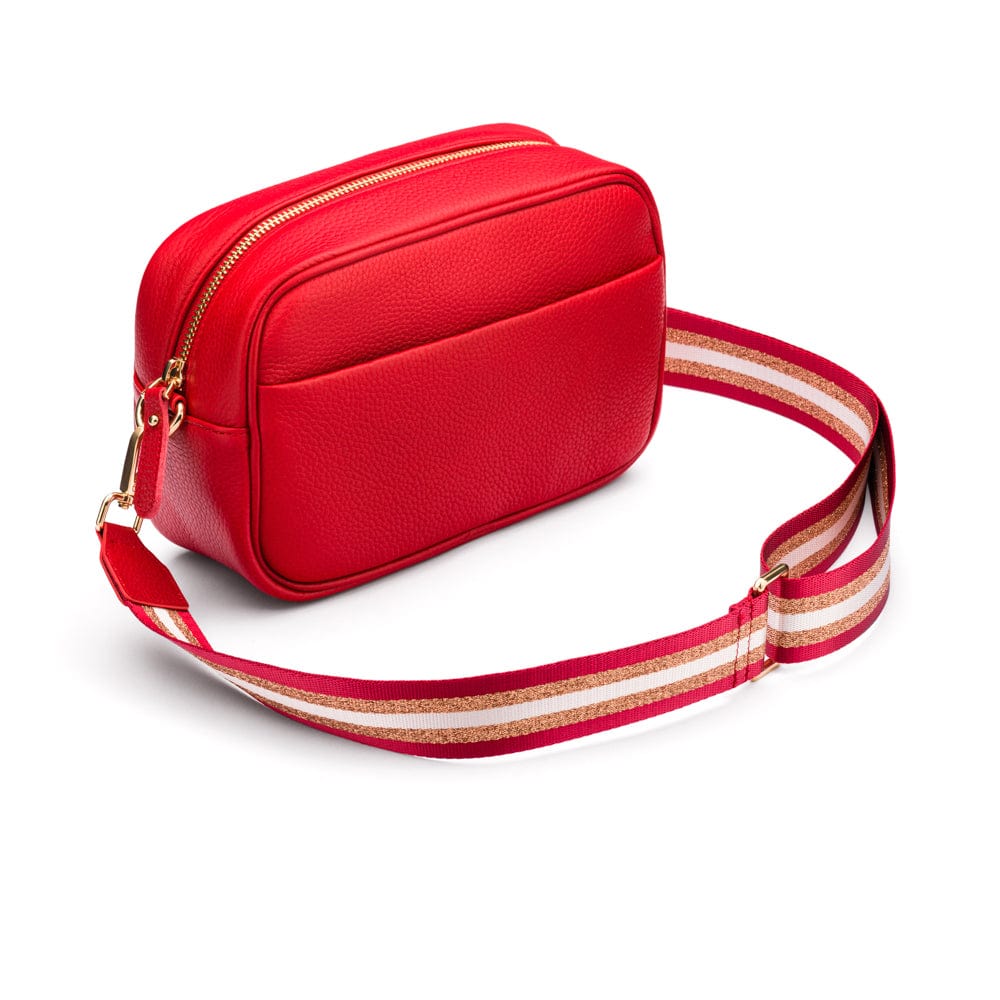 Leather cross body camera bag, red, side